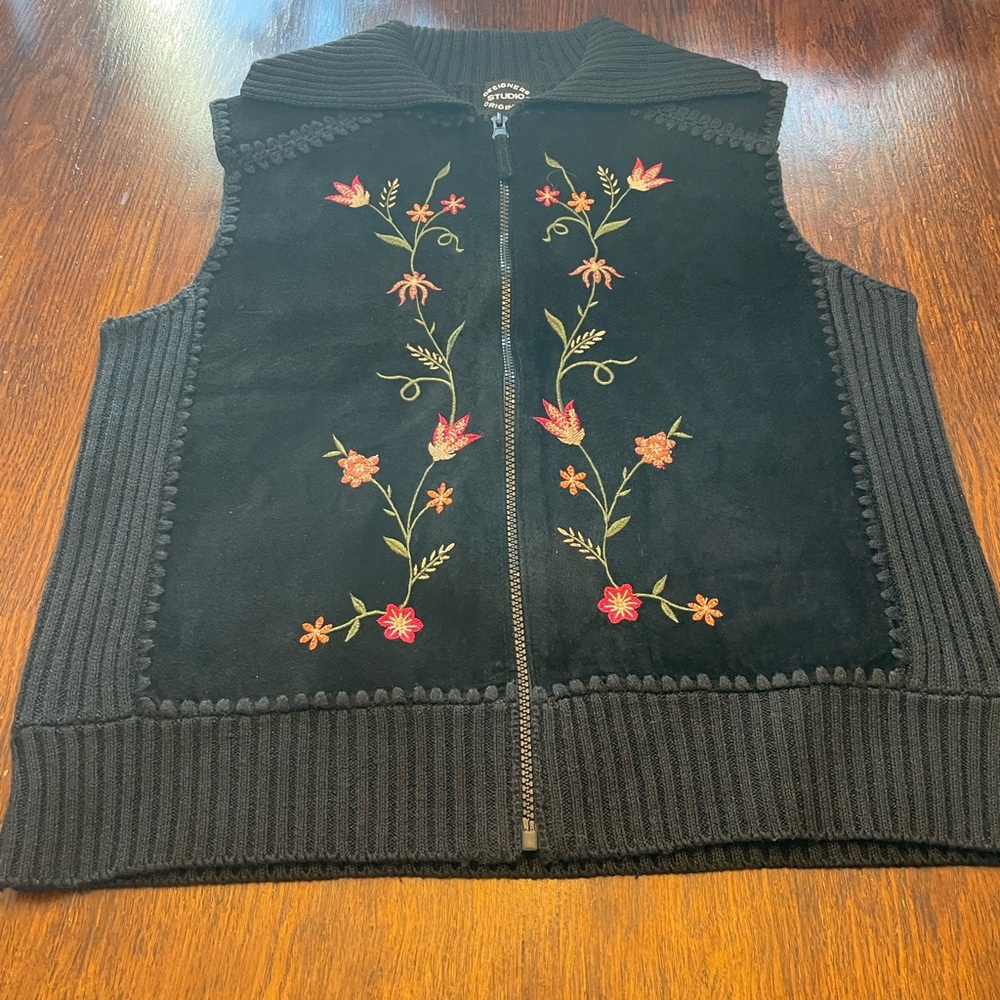 Designers Originals Black leather suede Vest with Floral Embroidery